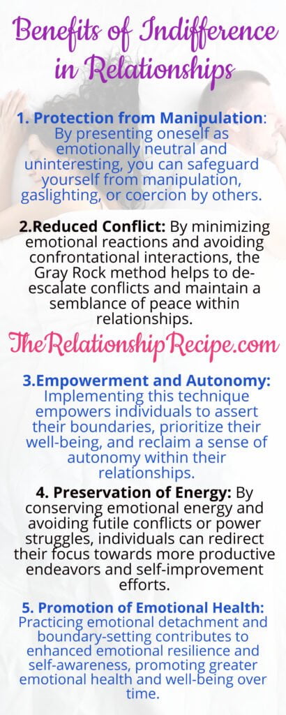 Benefits of Indifference in relationships, apathy, gray rock method, emotional detachment in relationships Infographic